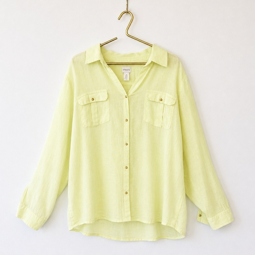 Chico's 100% Linen Button Down Shirt Womens 3 XL Lime Yellow Coastal